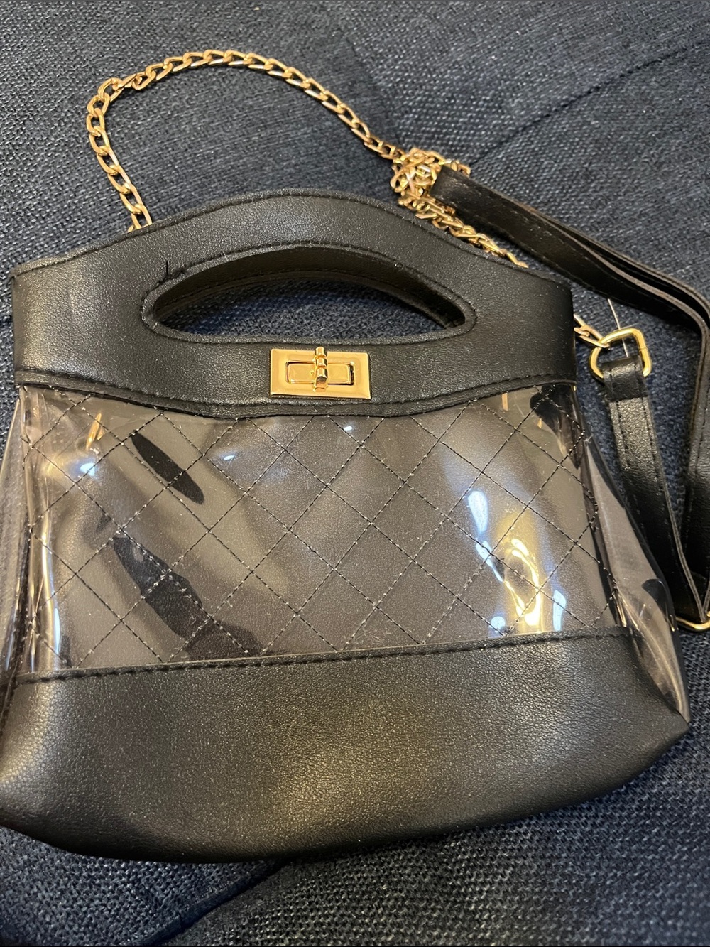 Black Quilted Clear Panel Crossbody Bag with Gold Chain